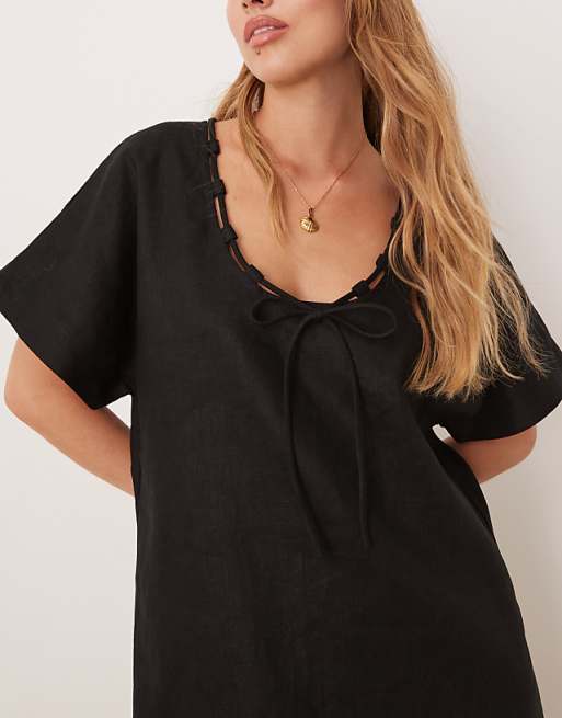 Asos VRG GRL Nellie Linen Mini Smock Dress In Black