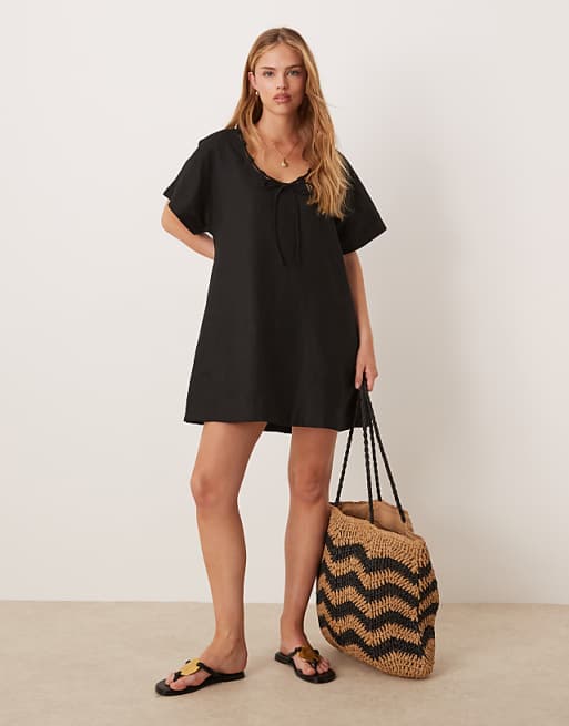 Asos VRG GRL Nellie Linen Mini Smock Dress In Black