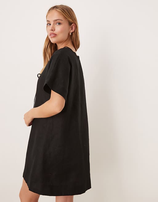 Asos VRG GRL Nellie Linen Mini Smock Dress In Black