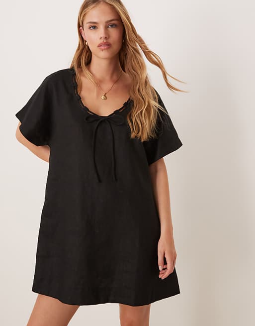 asos VRG GRL nellie linen mini smock dress in black
