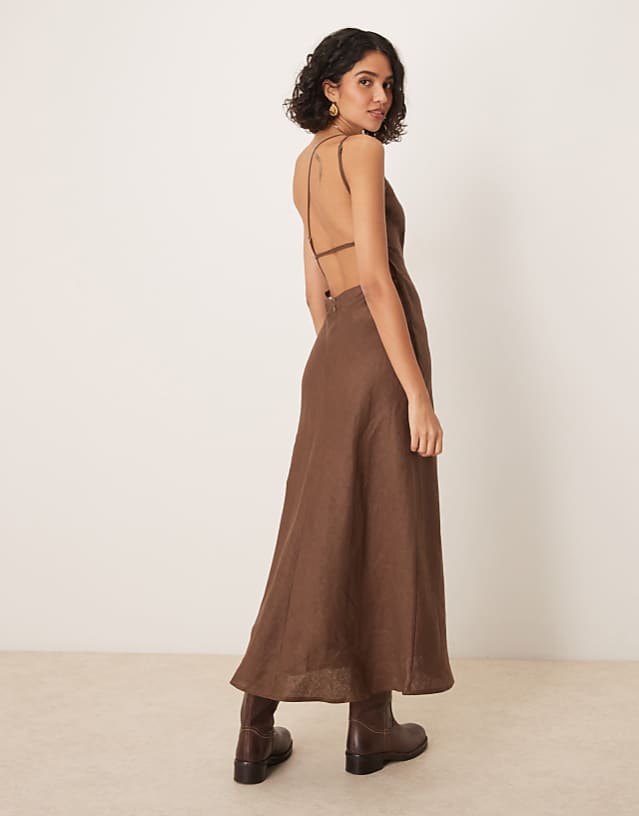 Asos VRG GRL Opal Sleeveless Linen Maxi Dress In Brown