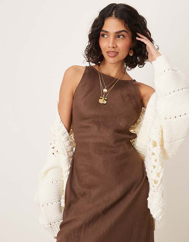 Asos VRG GRL Opal Sleeveless Linen Maxi Dress In Brown