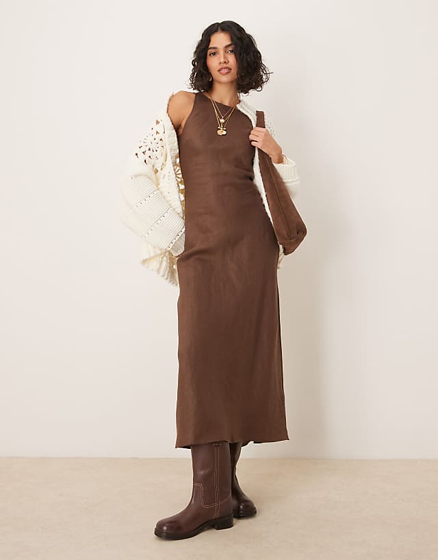 asos VRG GRL opal sleeveless linen maxi dress in brown