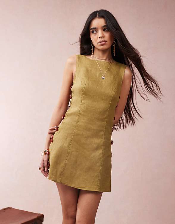 Asos VRG GRL Tia Linen Mini Dress With Bead Detailing In Olive