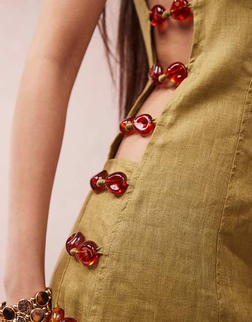 Asos VRG GRL Tia Linen Mini Dress With Bead Detailing In Olive