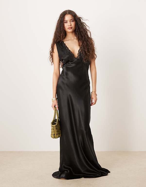 asos VRG GRL tully lace edge satin maxi dress in black