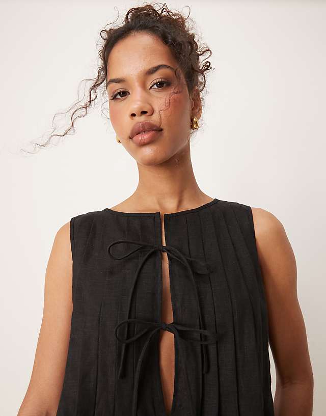 Asos VRG GRL Valeria Tie Front Linen Mini Dress In Black