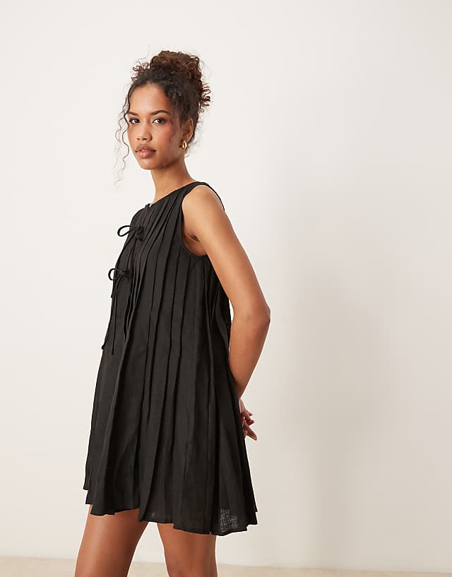 Asos VRG GRL Valeria Tie Front Linen Mini Dress In Black