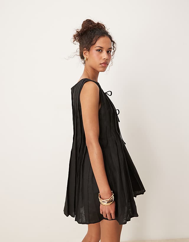 Asos VRG GRL Valeria Tie Front Linen Mini Dress In Black
