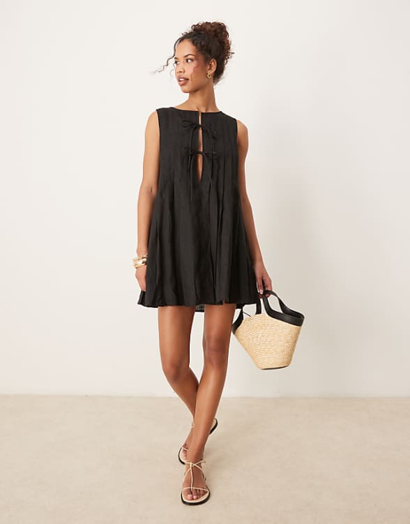 asos VRG GRL valeria tie front linen mini dress in black