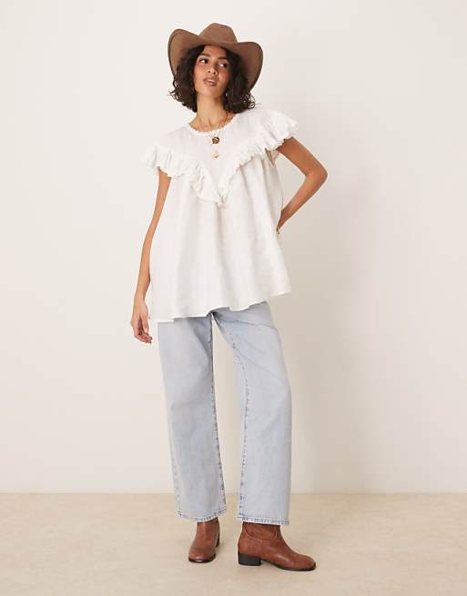 Asos VRG GRL Viola Linen Short Sleeve Tunic In White