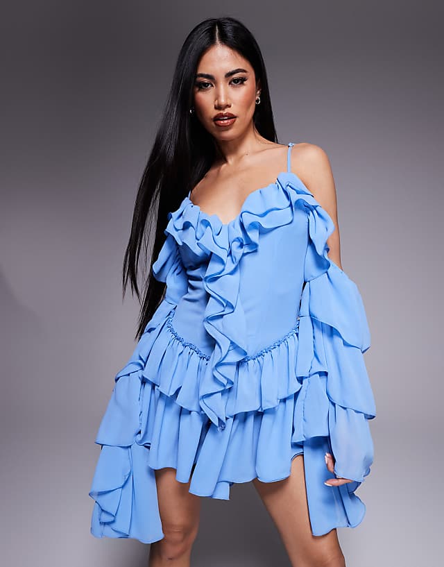 Asos Wanderdoll Kendal Ruffle Cami Cut Out Playsuit In Baby Blue