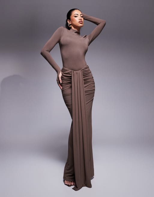 Asos Wanderdoll Nara High Neck Body And Maxi Skirt Co-ord In Chocolate