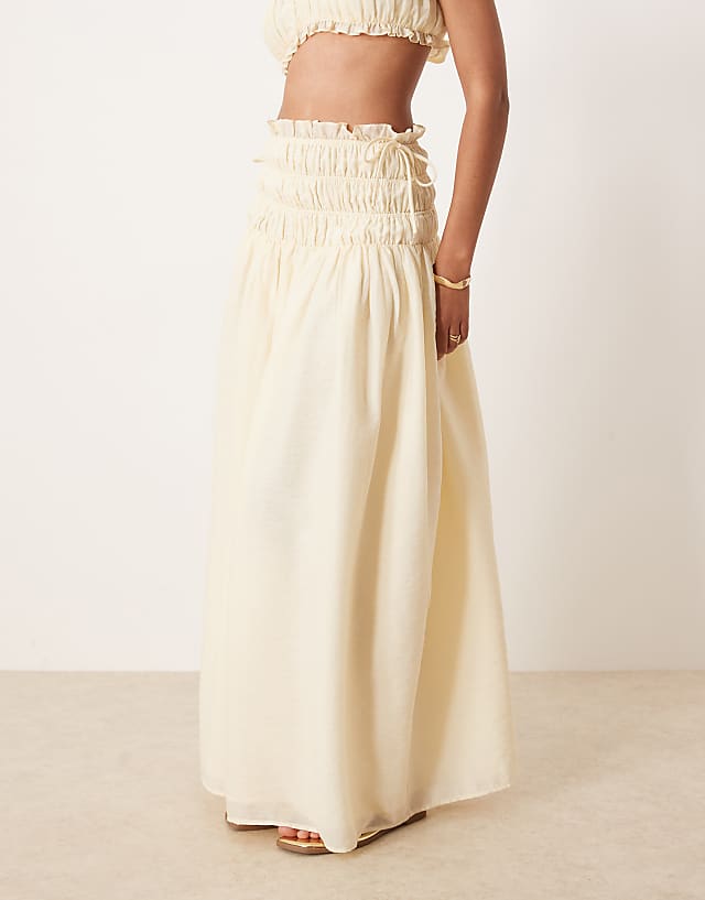 Asos Wanderdoll Soulie Linen Look Shirred Dropped Waist Tie Detail Maxi Skirt Co-ord In Beige