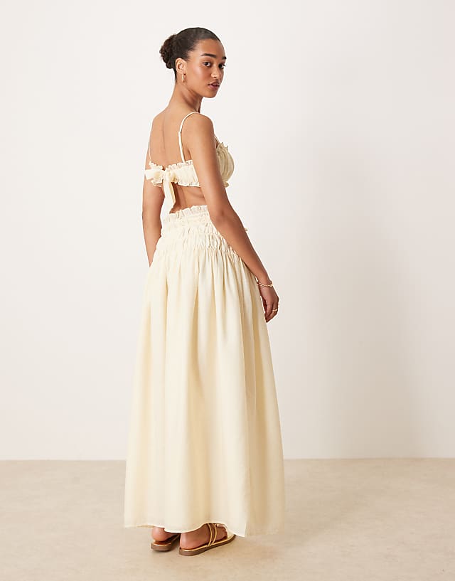 Asos Wanderdoll Soulie Linen Look Shirred Dropped Waist Tie Detail Maxi Skirt Co-ord In Beige