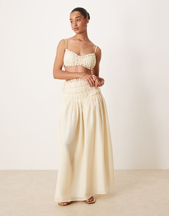 asos Wanderdoll Soulie linen look shirred dropped waist tie detail maxi skirt co-ord in beige