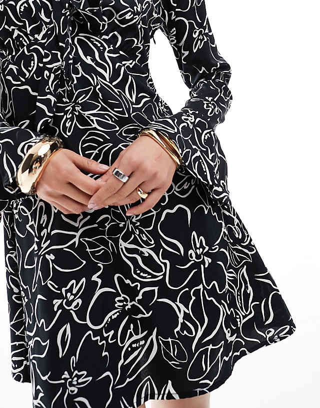 Asos Wednesday's Girl Abstract Floral Flared Sleeve Mini Dress In Black