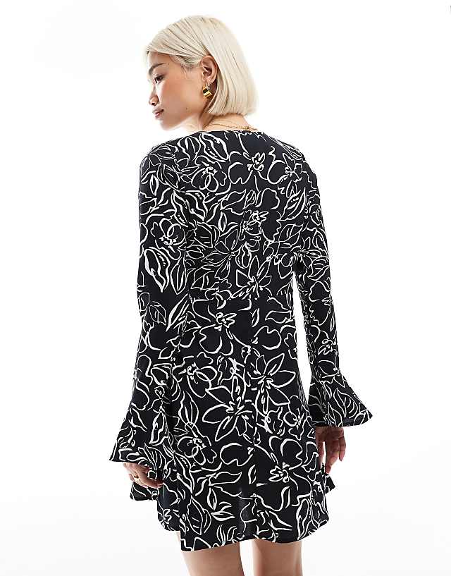 Asos Wednesday's Girl Abstract Floral Flared Sleeve Mini Dress In Black