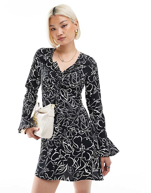 asos Wednesday's Girl abstract floral flared sleeve mini dress in black