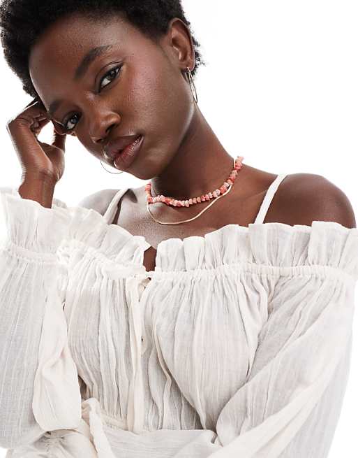 Asos Wednesday's Girl Linen Smocked Beach Playsuit In Ivory