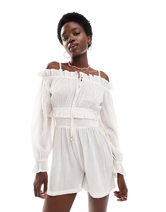 Asos Wednesday's Girl Linen Smocked Beach Playsuit In Ivory