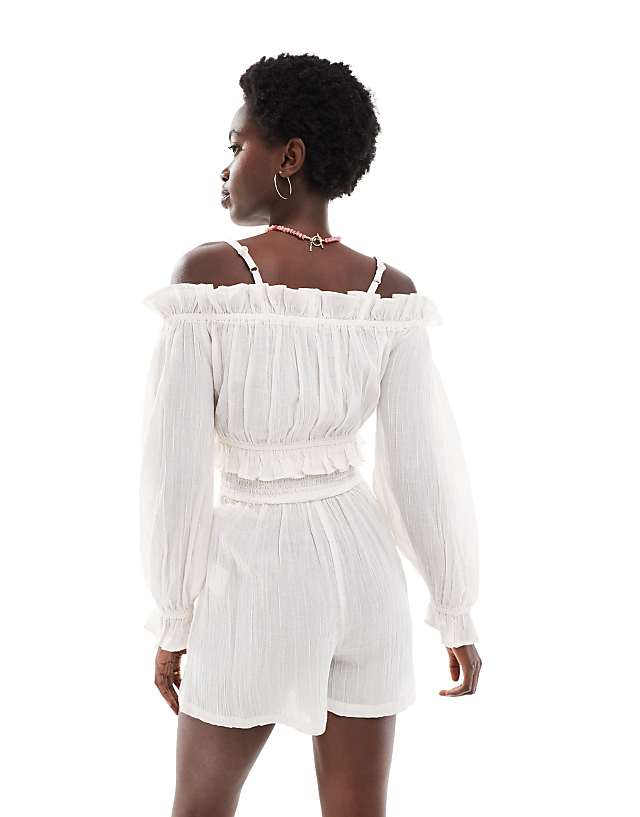 Asos Wednesday's Girl Linen Smocked Beach Playsuit In Ivory