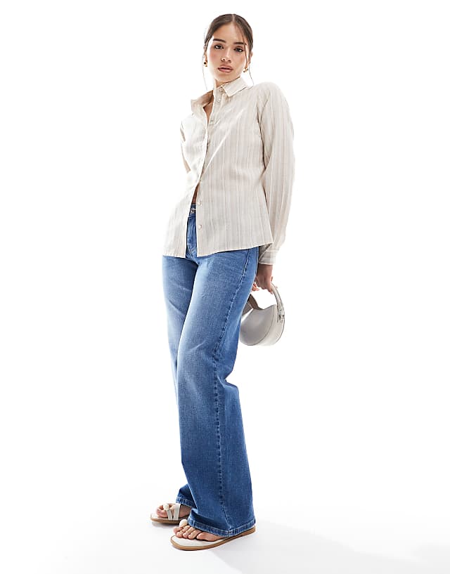 Asos Wednesday's Girl Oversized Striped Linen Shirt In Beige