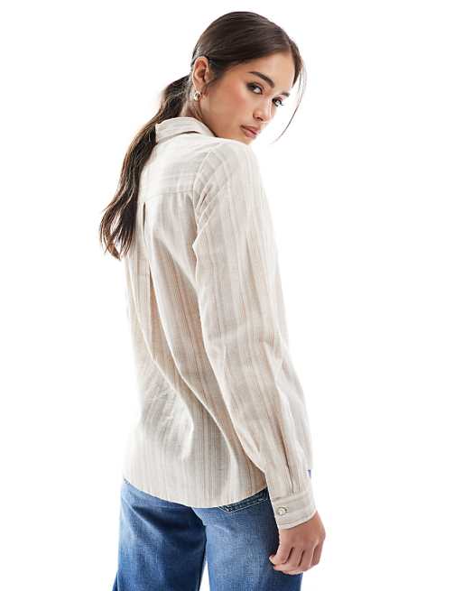 Asos Wednesday's Girl Oversized Striped Linen Shirt In Beige