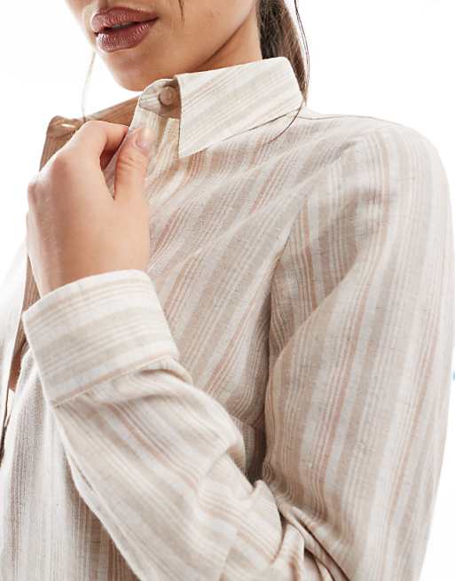 Asos Wednesday's Girl Oversized Striped Linen Shirt In Beige