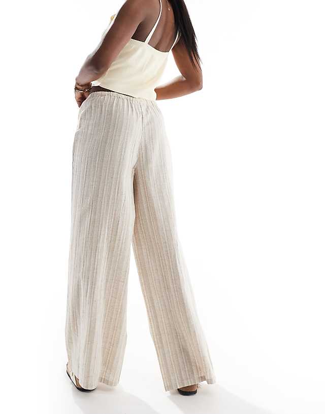 Asos Wednesday's Girl Wide Leg Striped Linen Trousers In Beige