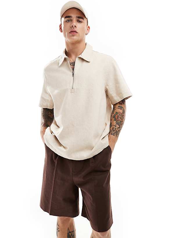 Asos Weekday Dejan Heavyweight Linen Short Sleeve Polo Zip Shirt In Beige