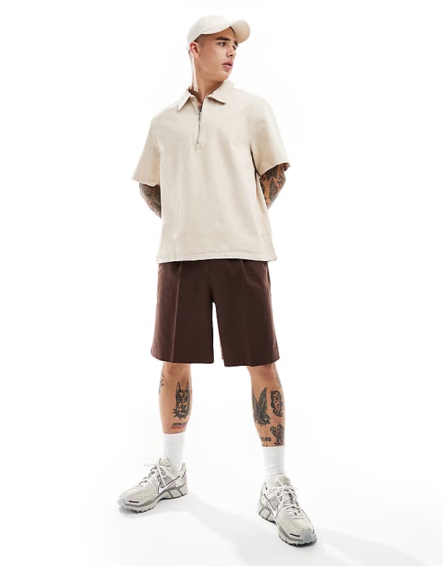 Asos Weekday Dejan Heavyweight Linen Short Sleeve Polo Zip Shirt In Beige