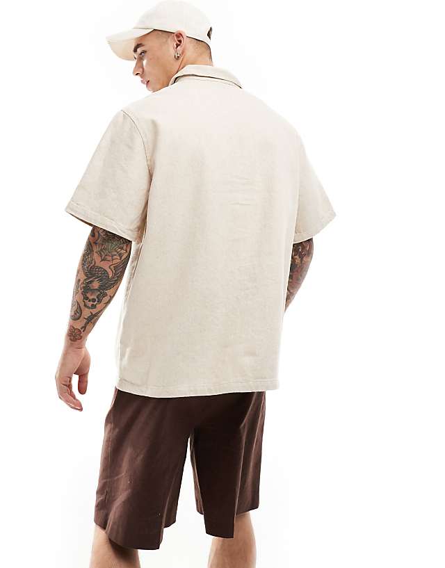 Asos Weekday Dejan Heavyweight Linen Short Sleeve Polo Zip Shirt In Beige