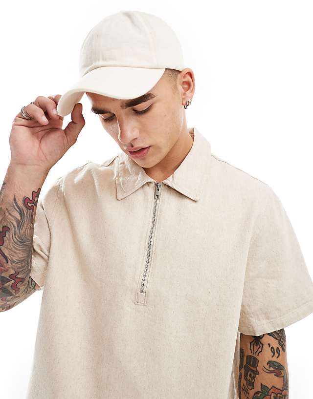 asos Weekday Dejan heavyweight linen short sleeve polo zip shirt in beige