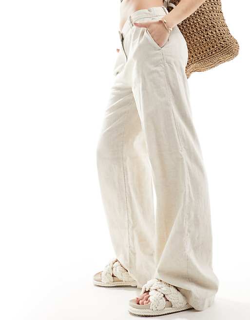 Asos Weekday Emmie Low Waist Linen Mix Trousers In Beige