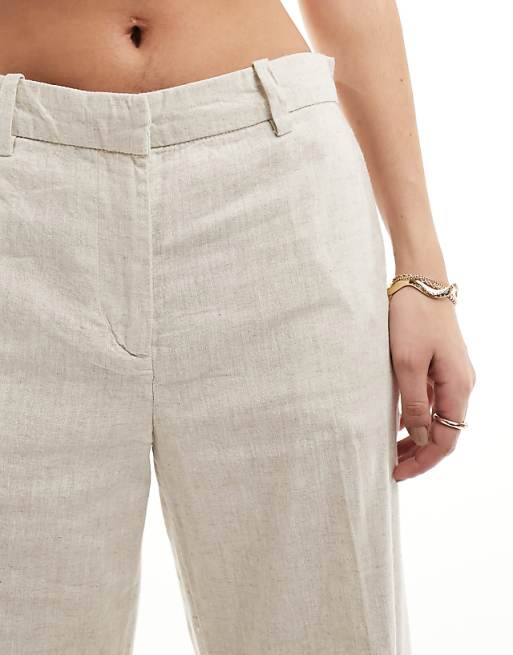Asos Weekday Emmie Low Waist Linen Mix Trousers In Beige