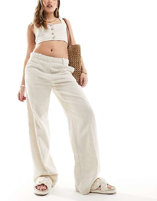 asos Weekday Emmie low waist linen mix trousers in beige