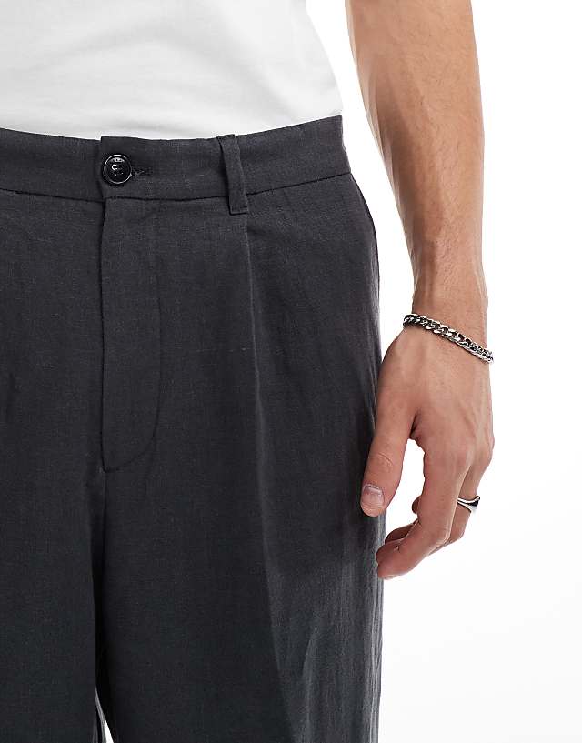 Asos Weekday Linen Relaxed Fit Tailored Trousers In Washed Black