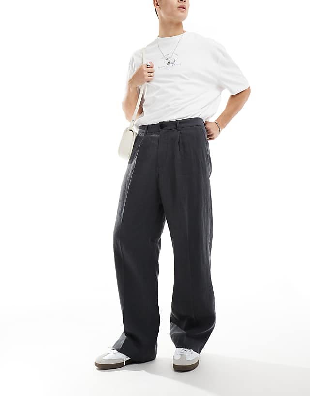 asos Weekday linen relaxed fit tailored trousers in washed black