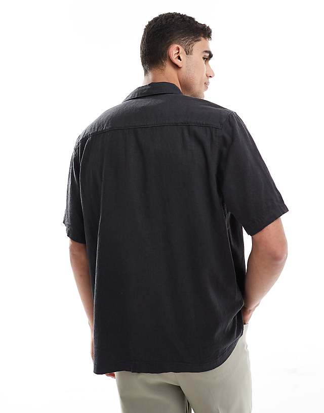 Asos Weekday Relaxed Fit Linen Blend Short Sleeve Shirt In Black