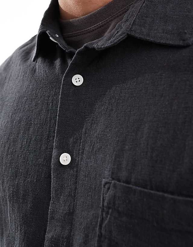 Asos Weekday Relaxed Fit Linen Blend Short Sleeve Shirt In Black