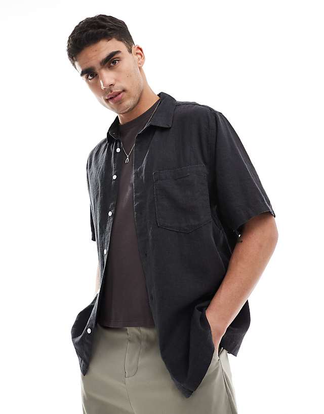 asos Weekday relaxed fit linen blend short sleeve shirt in black