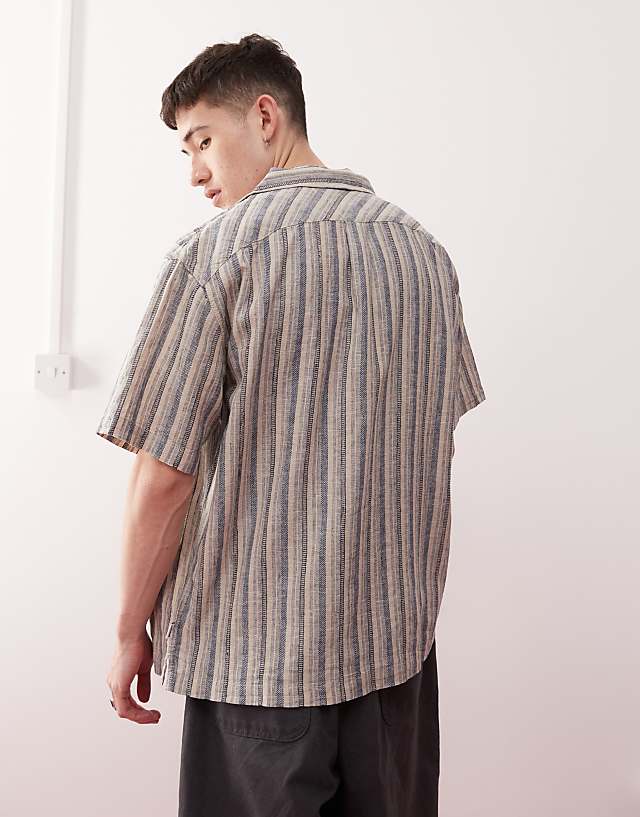 Asos Wrangler Resort Stripe Linen Cotton Mix Relaxed Dobby Shirt In Indigo Blue