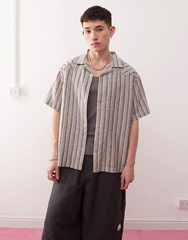 asos Wrangler resort stripe linen cotton mix relaxed dobby shirt in indigo blue