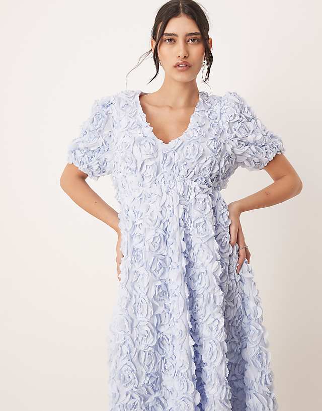 Asos YAS 3D Floral Textured V Neck Midi Dress In Soft Blue