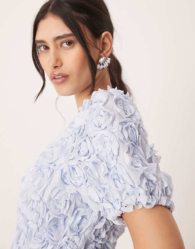Asos YAS 3D Floral Textured V Neck Midi Dress In Soft Blue