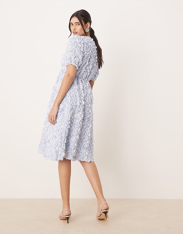 Asos YAS 3D Floral Textured V Neck Midi Dress In Soft Blue