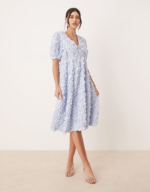 asos YAS 3D floral textured v neck midi dress in soft blue