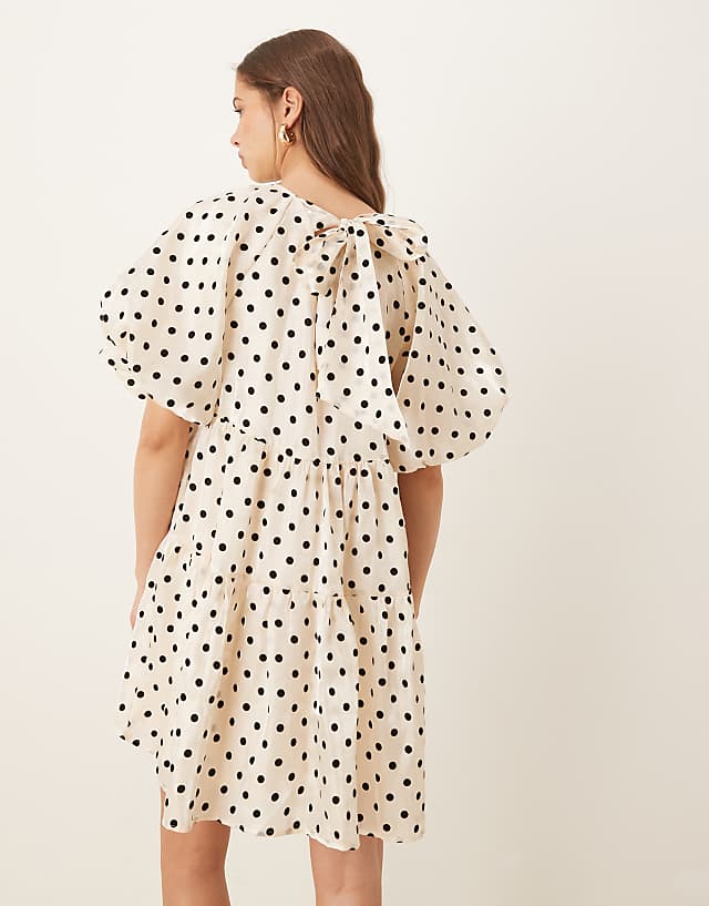 Asos YAS Ballon Sleeve Voluminous Mini Dress In Cream With Black Polka Dot
