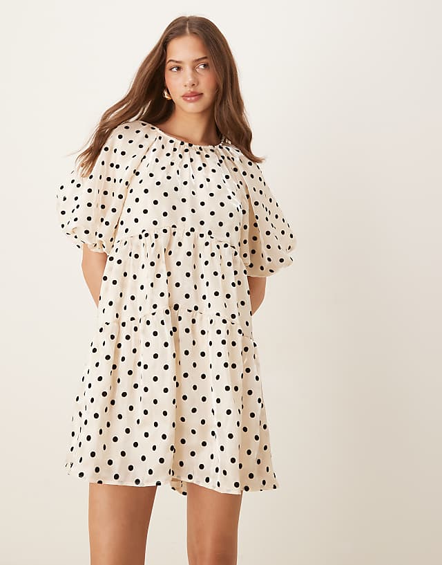 Asos YAS Ballon Sleeve Voluminous Mini Dress In Cream With Black Polka Dot